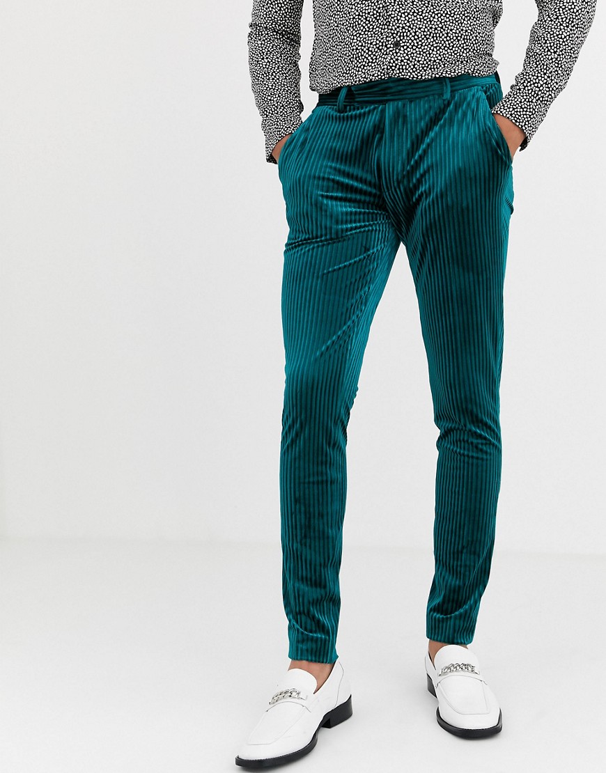 ASOS DESIGN - Grønne super skinny elegante bukser i plisseret velour