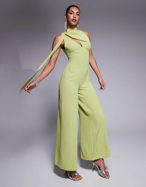 ASOS DESIGN - Grønt jumpsuit med vide ben og draperet hals med bindedetalje - view 1