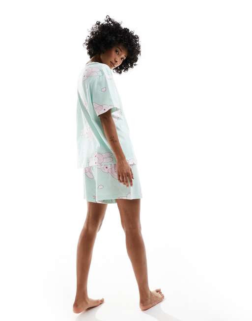 ASOS DESIGN - Grønt oversized pyjamassæt med T-shirt og shorts med kaniner på, 3 af 4