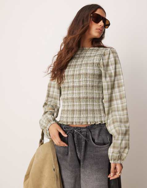ASOS DESIGN - Grønternet bluse med rynker og smal halsudskæring - view 1