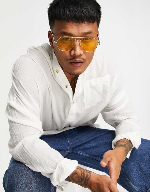 ASOS DESIGN – Grob gewebtes Oversize-Hemd zum Überziehen mit Grandad-Kragen in Weiß