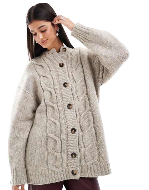 ASOS DESIGN – Grobstrick-Coatigan in Hellbeige mit Zopfmuster - view 1