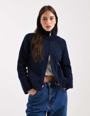 ASOS DESIGN - Grobstrickpullover in Marineblau mit Wollanteil und Zwei-Wege-Reißverschluss-Brown