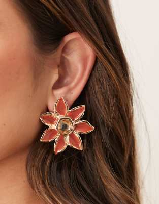 ASOS DESIGN - Große Blumen-Ohrstecker in Orange und Goldoptik