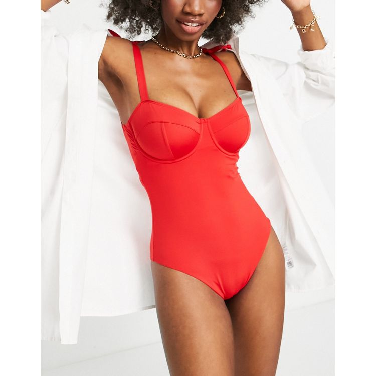 ASOS DESIGN – Samantha – Seitlich geschnürter Badeanzug mit tiefem  Ausschnitt in Rot, für die größere Brust