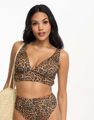 ASOS DESIGN - Größere Brust - Mix and Match - Kurzes, gerafftes Bikinioberteil mit Leopardenmuster und breitem Unterbrus...