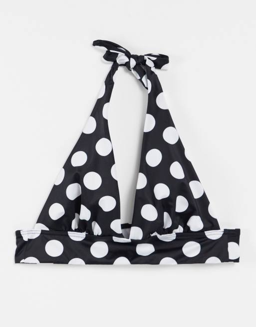 ASOS DESIGN – Größere Brust – Mix and Match – Tief ausgeschnittenes Neckholder-Bikinioberteil mit breitem Unterband und schwarz-weißem Punktemuster