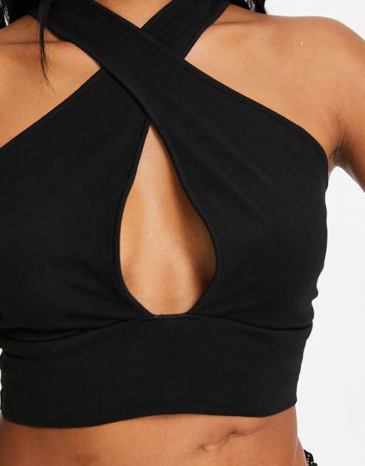 ASOS DESIGN – Größere Brust – Oberteil in Schwarz mit überkreuztem  Neckholder-Träger