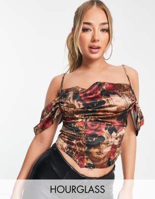 ASOS DESIGN - Größere Brust - Schulterfreies Korsett-Top aus Satin mit Renaissance-Muster und Wasserfallausschnitt-Bunt