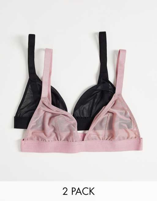 ASOS DESIGN – Größere Brust – Triangel-BHs aus Netzstoff in Schwarz und Rosa im 2er-Pack
