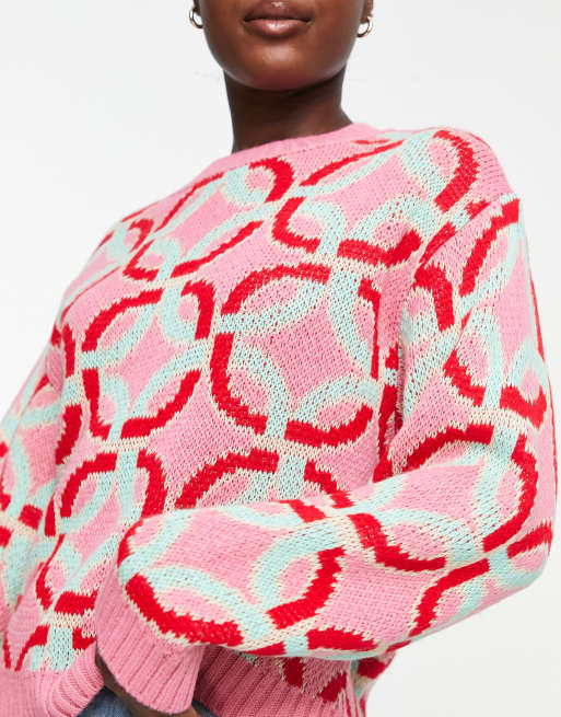 aan de andere kant, kamp rem ASOS DESIGN - Grof gebreide trui met ronde hals in roze met geometrisch  patroon | ASOS