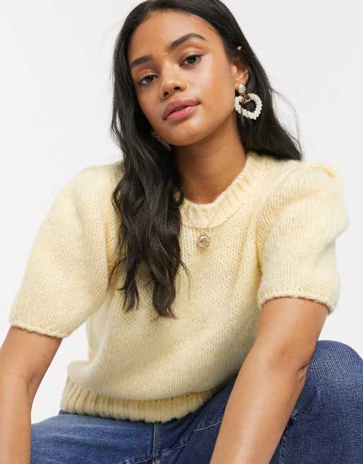 ASOS DESIGN - Grofgebreid T-shirt met korte mouwen in geel