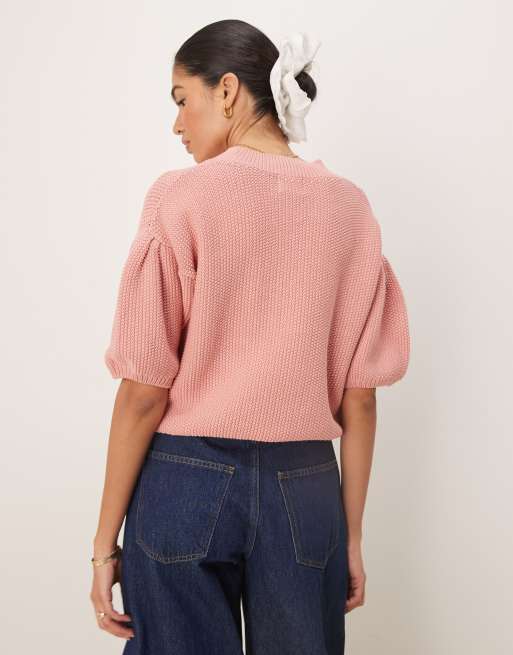 ASOS DESIGN - Grofgebreid T-shirt met stiksels in roze, 4 van 4