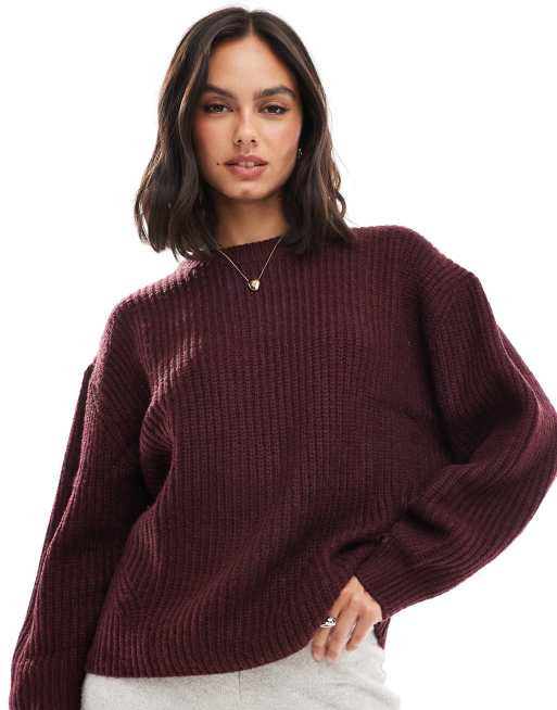 ASOS DESIGN - Grofgebreide geribbelde trui met ronde hals in bordeauxrood, 2 van 4