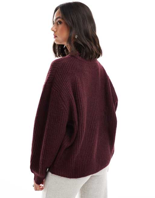 ASOS DESIGN - Grofgebreide geribbelde trui met ronde hals in bordeauxrood, 4 van 4