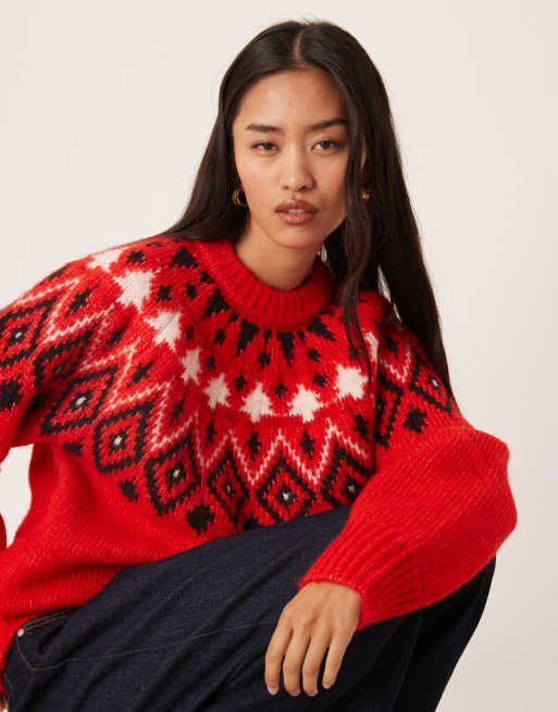 ASOS DESIGN - Grofgebreide kersttrui met Fairisle-patroon in rood, 3 van 4