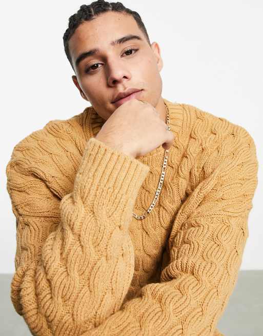 ASOS DESIGN - Grofgebreide oversized kabeltrui in camel, 2 van 4