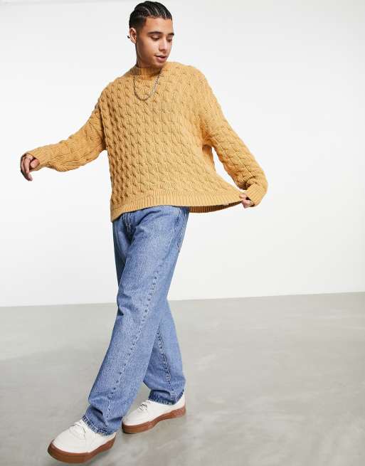 ASOS DESIGN - Grofgebreide oversized kabeltrui in camel, 3 van 4