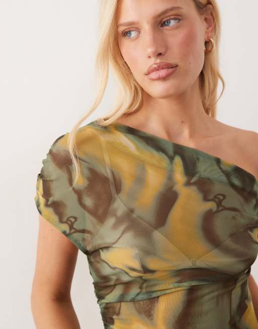 ASOS DESIGN – Grön, asymmetrisk topp i skir mesh med bara axlar och abstrakt mönster, 3 av 4