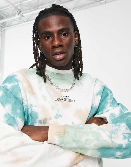ASOS DESIGN – Grön batikmönstrad sweatshirt i oversize med text