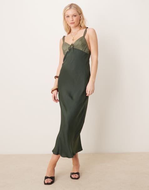 ASOS DESIGN – Grön, blockfärgad midiklänning med kontrastfärgade kupor och rosett i satin - view 1