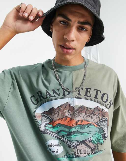 ASOS DESIGN – Grön, blockfärgad t-shirt i oversize med Grand Teton-tryck, 4 av 4