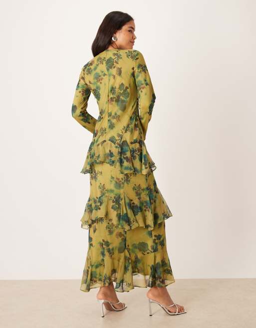 ASOS DESIGN – Grön, blommig, långärmad maxiklänning i chiffong med volang, 3 av 4