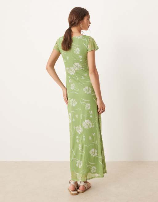 ASOS DESIGN – Grön, blommig midi-teaklänning med utsvängda ärmar och snurrad knut framtill, 2 av 4