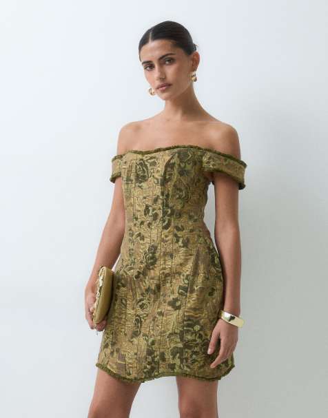 ASOS DESIGN – Grön, blommig miniklänning i jacquard med korsett och bardotringning - view 1