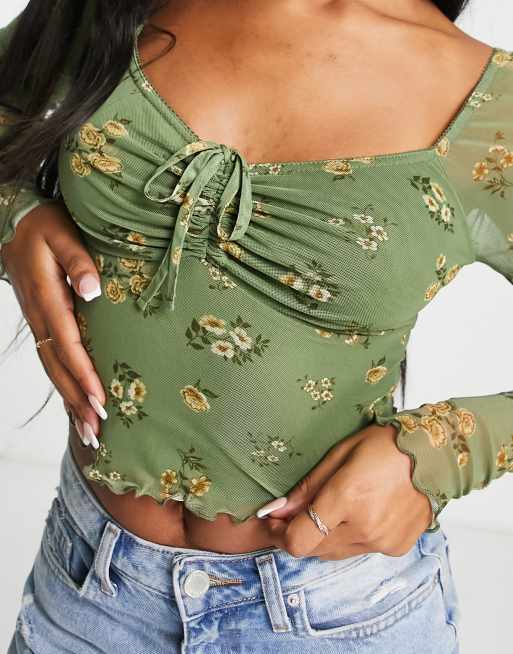 ASOS DESIGN – Grön, blommig och långärmad meshtopp i 90-talsstil och milkmaid-modell, 3 av 4