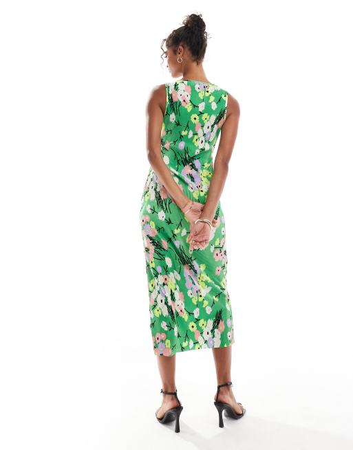 ASOS DESIGN – Grön, blommig, plisserad midiklänning med omlottdesign framtill och knytning, 2 av 4