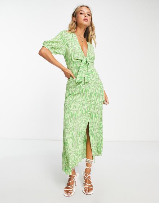 ASOS DESIGN – Grön, djurmönstrad midiklänning med knytning framtill och knäppning, 4 av 4