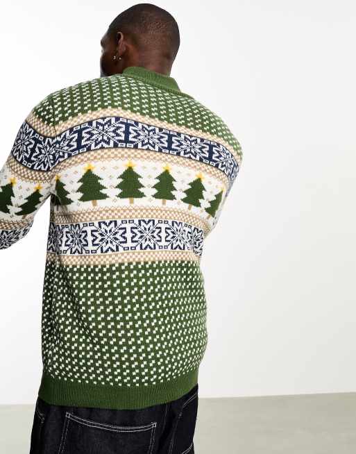 ASOS DESIGN – Grön, fairislemönstrad och stickad jultröja med 1/4-lång dragkedja, 2 av 4