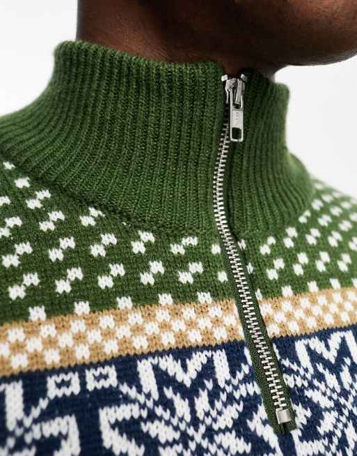 ASOS DESIGN – Grön, fairislemönstrad och stickad jultröja med 1/4-lång dragkedja, 3 av 4