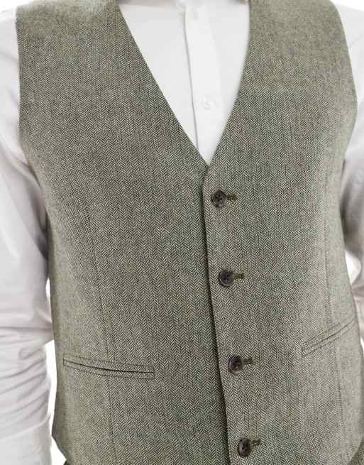 ASOS DESIGN – Grön, fiskbensmönstrad kostymväst i yllerikt tyg med smal passform, del av kostym, 3 av 5