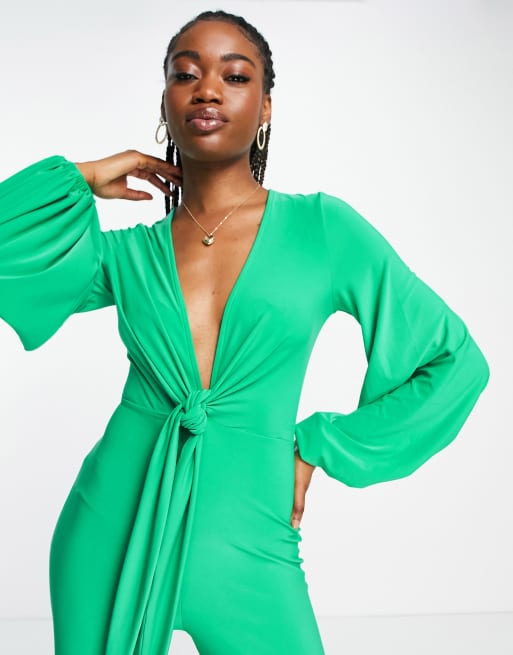 ASOS DESIGN – Grön glammig jumpsuit med djup urringning och knytning framtill, 4 av 4