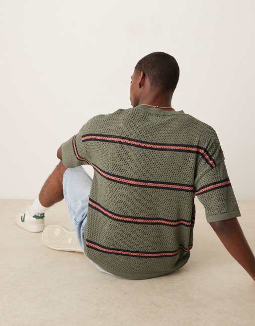 ASOS DESIGN – Grön, hålstickad t-shirt med avslappnad passform och randigt mönster, 3 av 4