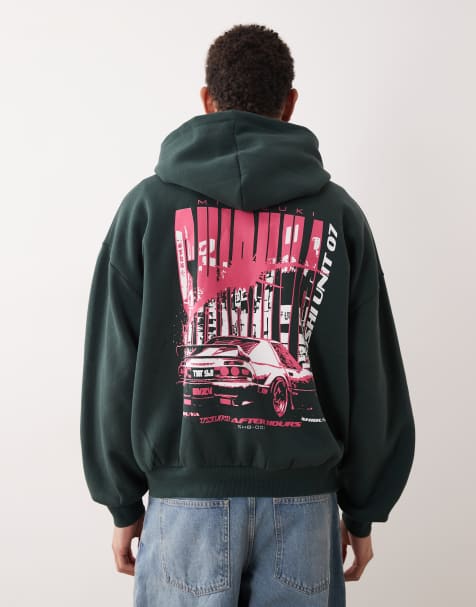 ASOS DESIGN – Grön huvtröja i extra oversize med biltryck - view 1