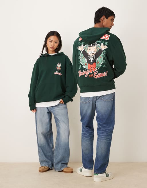 ASOS DESIGN – Grön huvtröja i oversize och unisex-modell med juligt Monopoly-tryck