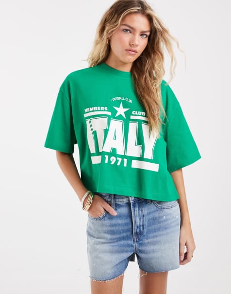 ASOS DESIGN – Grön, kort t-shirt med boxig passform och Italy-tryck - view 1
