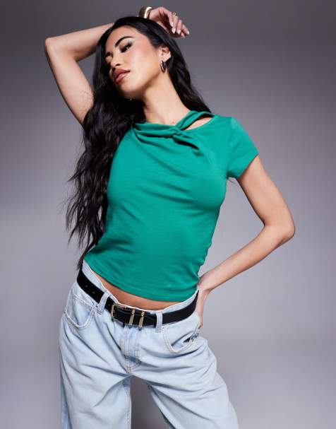 ASOS DESIGN – Grön, kortärmad t-shirt med snurrad detalj - view 1
