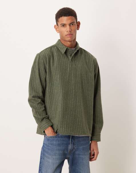 ASOS DESIGN – Grön, kritstrecksrandig skjorta i dra på-modell och relaxed fit - view 1