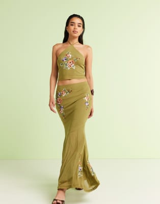 ASOS DESIGN – Grön maxikjol med broderi och fishtail, del av set - view 1