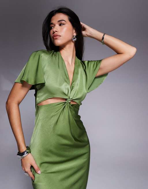 ASOS DESIGN – Grön midaxiklänning med utskurna detaljer och knut i satin, 2 av 4