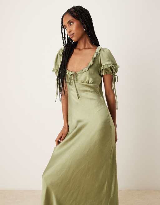ASOS DESIGN – Grön midiklänning i milkmaid-modell med puffärmar och knytning, 4 av 4
