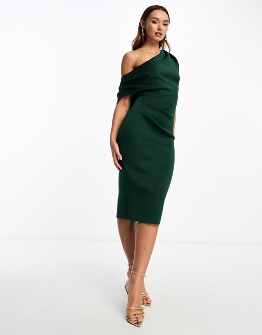 ASOS DESIGN – Grön midiklänning i scubatyg med plissering och en bar axel, 2 av 4