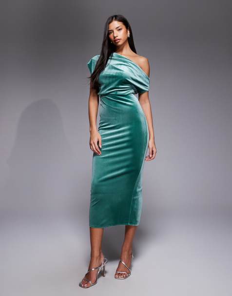 ASOS DESIGN – Grön midiklänning med dramatisk ringning i sammet - view 1