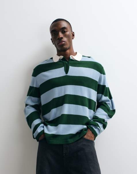 ASOS DESIGN – Grön- och blårandig, stickad pikétröja med avslappnad passform och långa ärmar - view 1