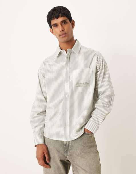 ASOS DESIGN – Grön- och vitrandig skjorta i relaxed fit med broderi - view 1