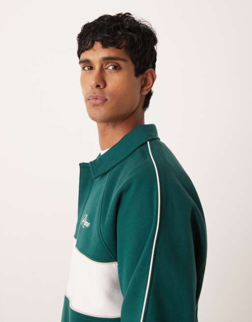 ASOS DESIGN – Grön, panelsydd sweatshirt med avslappnad passform, pikékrage och randigt mönster, 4 av 5